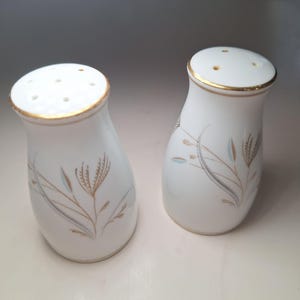 May include: A set of two white ceramic salt and pepper shakers with a gold trim and a delicate floral design in shades of gray and brown.