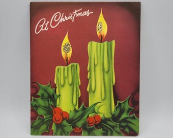 Bougies At Christmas Card vintage, baies de houx, paillettes d'or fabriquées aux États-Unis