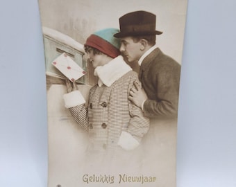 Antique Dutch Happy New Year Postcard 6082/4 Couple Winter Scene Old Ephemera