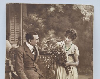 Antique Romantic Postcard Couple Scene Sepia Tone Handwritten