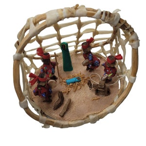 Mexican Nativity Handmade Fabric Wood Rawhide Sinew Donkey Vintage