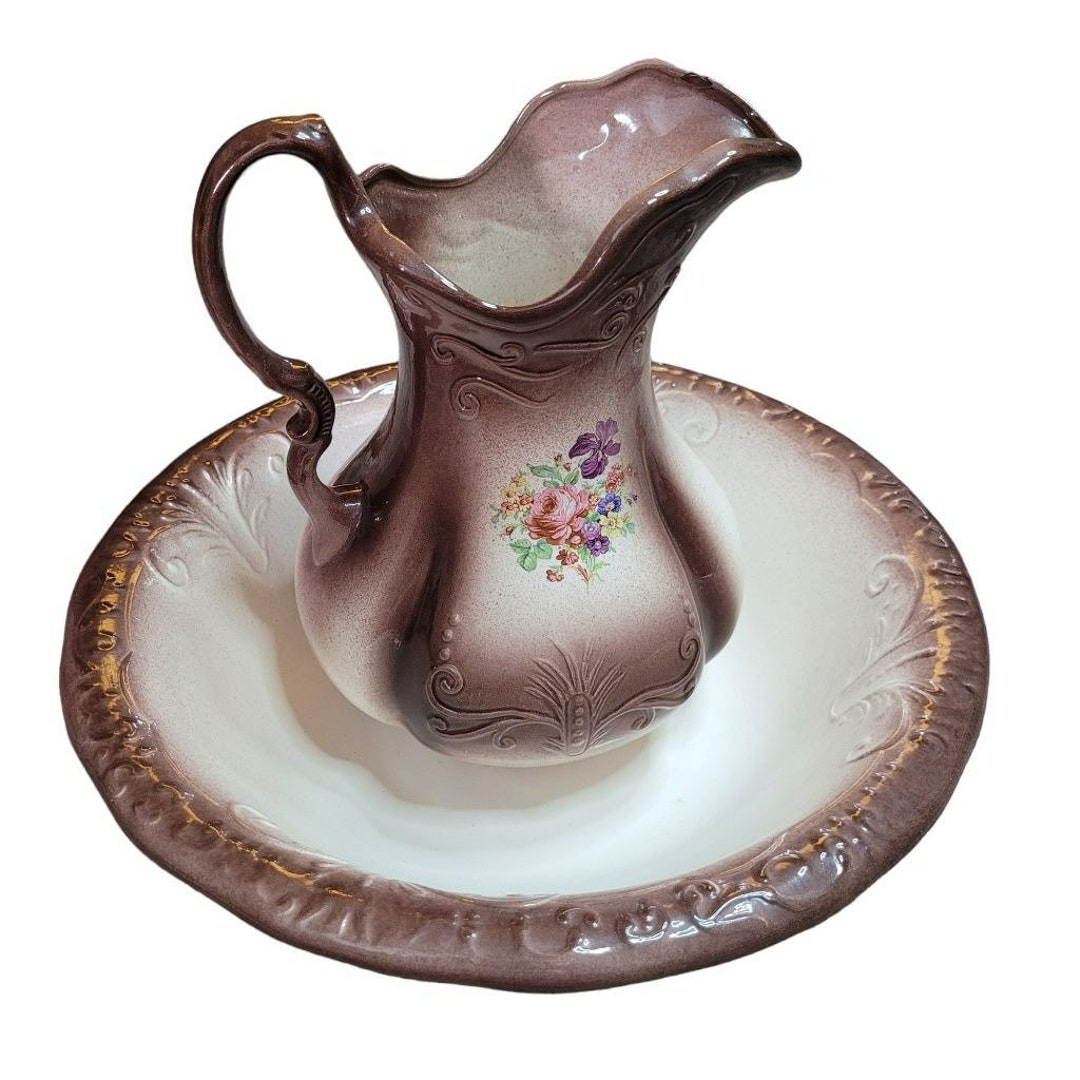 Ironstone England Pitcher Basin Bowl Set Brown Floral Etsy