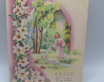 Gesegnete Osterkarte Vintage religiöses faltbares Lilien-Design Made in USA-Andenken