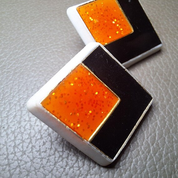 Square Retro Geometric Stud Earring Sparkling Ora… - image 3