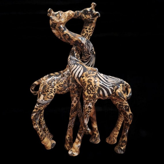 La Vie Giraffe Kissing Pair Set Safari Decoupage Patchwork Glazed