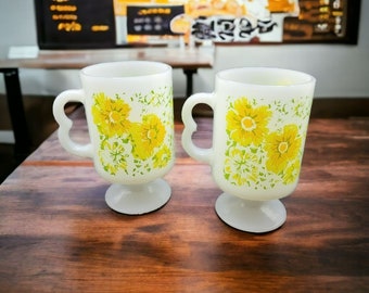 Correlle Cup Mug Set of 2 Yellow Floral Milk Glass Flowers Footed Finger Handle