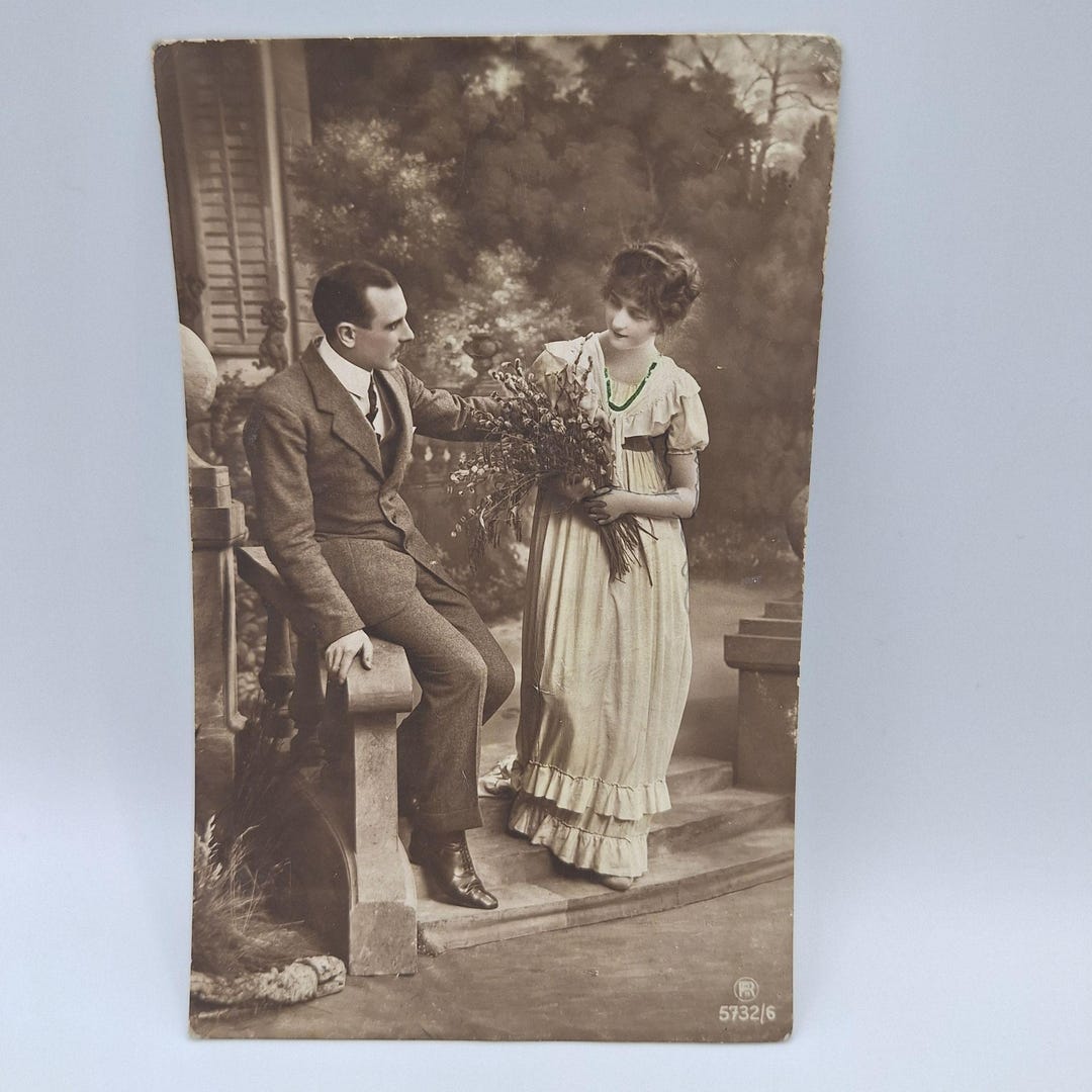 Antique Romantic Postcard Couple Scene Sepia Tone Handwritten