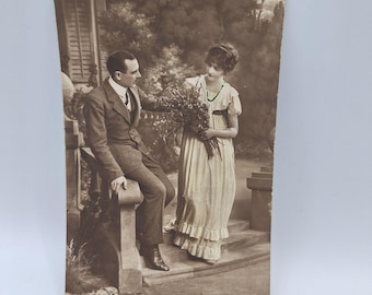 Antique Romantic Postcard Couple Scene Sepia Tone Handwritten Message Ephemera