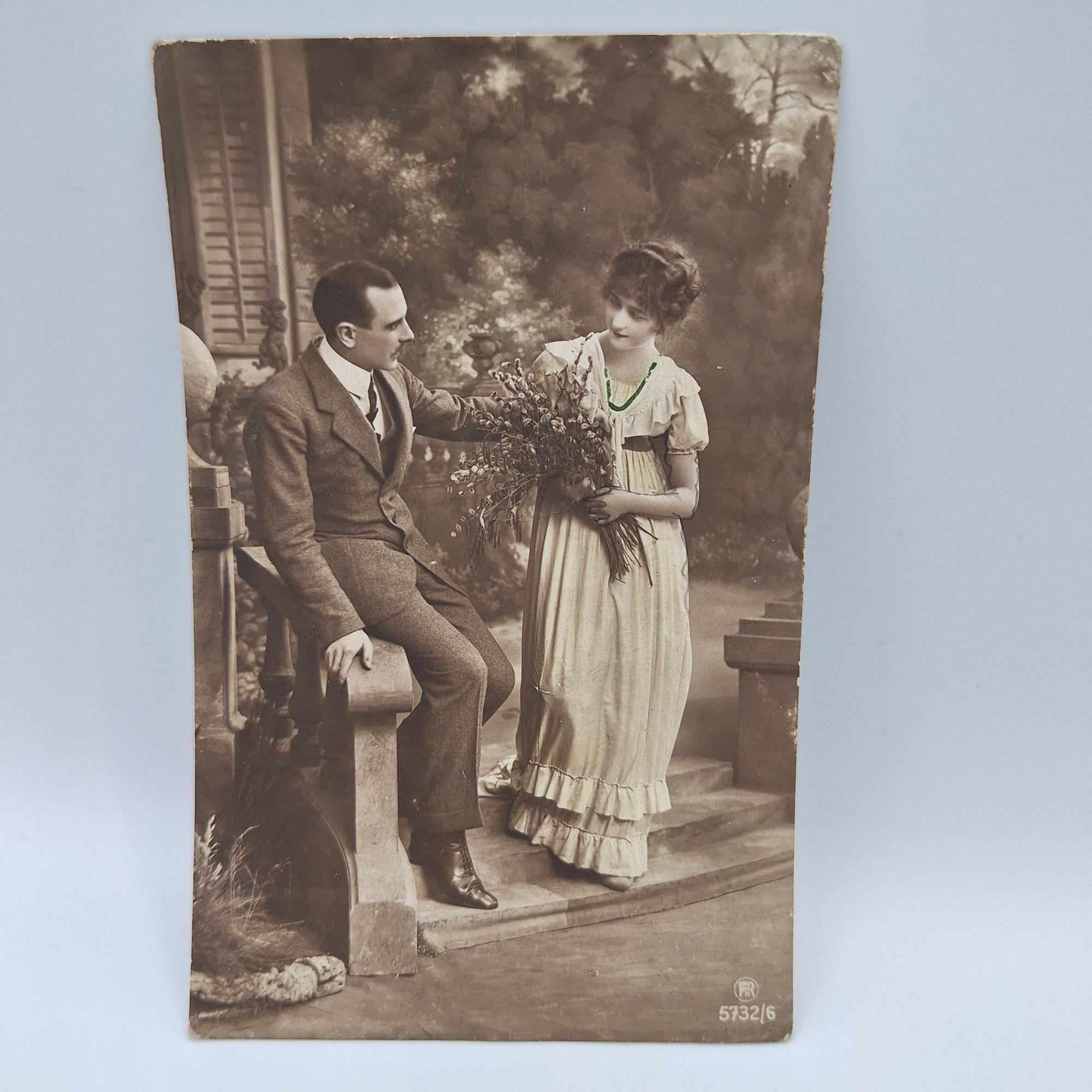 Antique Romantic Postcard Couple Scene Sepia Tone Handwritten