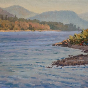 Evening at lake. Oil on canvas. Landscape painting