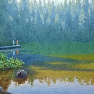 Lake in forest. Oil landscape painting. Oil on canvas