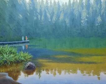 森の小川の油絵 川の風景 リネンキャンバス 16x20インチ - Etsy 日本