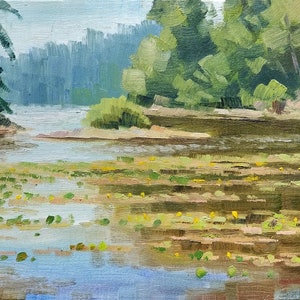 Plein air at lake. Oil landscape painting. Oil on canvas