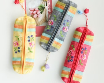 Korean Traditional Ramie(모시) Pencil Case with Flower Embroidery | Hanbok Fabric Pouch | K-Drama Stationery Gift