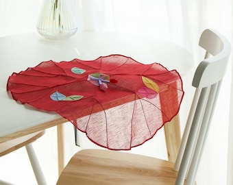 Korean Traditional Food Cover (밥상보) | Ramie Fabric Round Tablecloth with Butterfly Leaf Pattern | Asian Kitchen Decor Gift