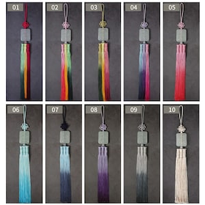 10 color of Norigae. the first row:red&yellow,pink&green,yellow&pink,lavender&pink,pink. the second row:sky blue,black&blue,lavender,grey,ivory.