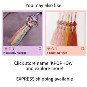 K&ouml;nnte beinhalten: Zwei Bilder von koreanischen traditionellen Haarschmuck, genannt Norigae. Das erste Bild zeigt einen schmetterlingsf&ouml;rmigen Norigae mit rosa, gelben und violetten Quasten. Das zweite Bild zeigt einen Satz von sechs Quasten-Norigae in Rosat&ouml;nen und Orange.