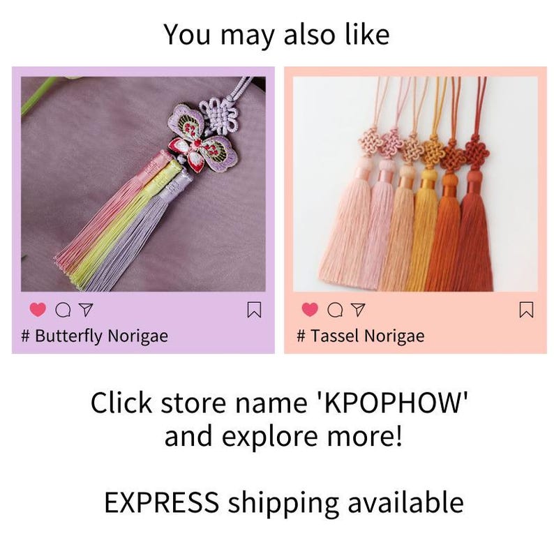 K&ouml;nnte beinhalten: Zwei Bilder von koreanischen traditionellen Haarschmuck, genannt Norigae. Das erste Bild zeigt einen schmetterlingsf&ouml;rmigen Norigae mit rosa, gelben und violetten Quasten. Das zweite Bild zeigt einen Satz von sechs Quasten-Norigae in Rosat&ouml;nen und Orange.
