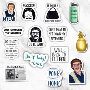 May include: A collection of various stickers with humorous phrases and images. Designs include a man with a mustache, a black purse, a pineapple, and text like "Success!" and "Do it Lady!" on a white background.