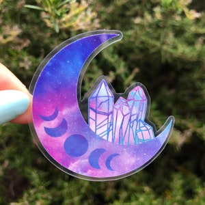 Clear Crescent Moon Crystals Moon Phases Witch Waterproof Vinyl Sticker | Galaxy Watercolor Celestial Dreamy  Laptop Decal