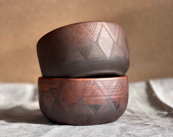 Handmade Ceramic Bowl. Artisanal Pottery with Handcrafted Ornament. Perfect for Breakfast. Snacks, and Sauces. Rustic Brown Finish.