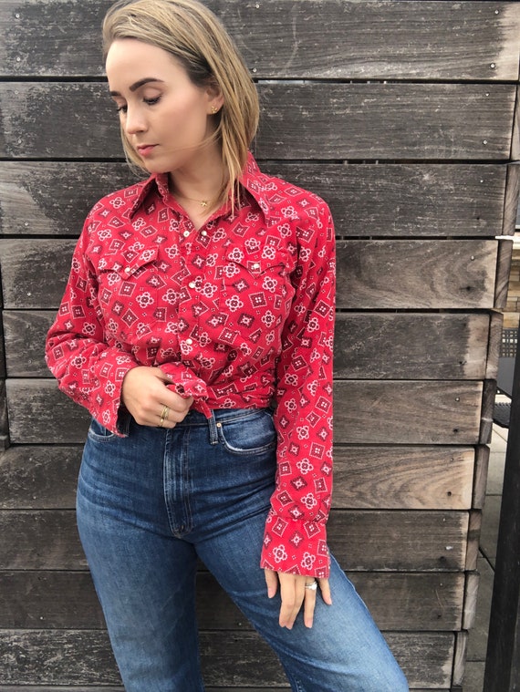 Vintage 70s Red Bandana Pearl Snap Western Shirt - image 1