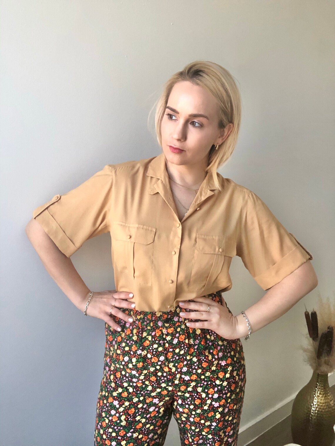 Vintage Button Down Short Sleeve Shirt // Golden Yellow // Etsy.de