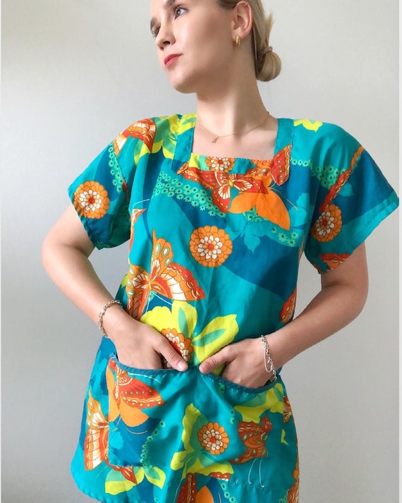 Vintage 60s // Top Smock Apron Tunic // Floral Bu… - image 1