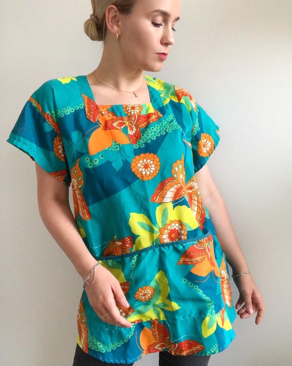 Vintage 60s // Top Smock Apron Tunic // Floral Bu… - image 2