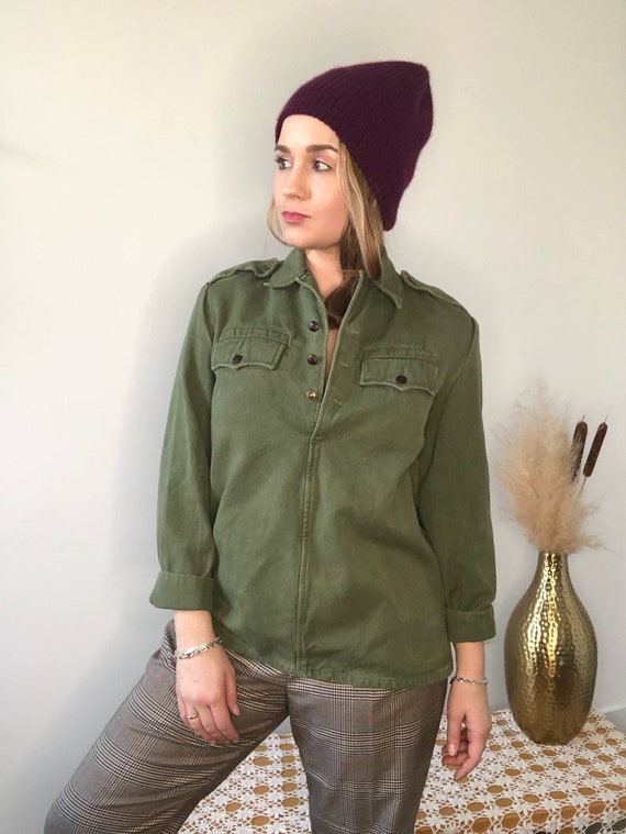 Vintage 60s 70s Army Green Top // Jacket Pullover… - image 4