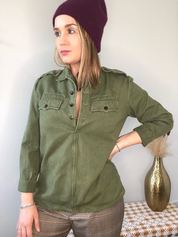 Vintage 60s 70s Army Green Top // Jacket Pullover… - image 3