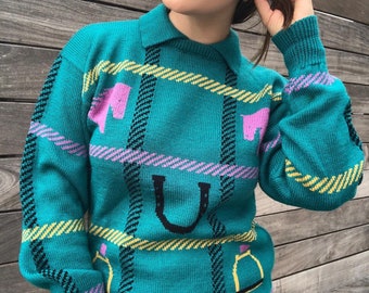 RARE Vintage 80s // Kristin for Miller’s // Sportific // Pullover Collared Novelty Sweater // Horses // Dressage // Turquoise Pink Jumper