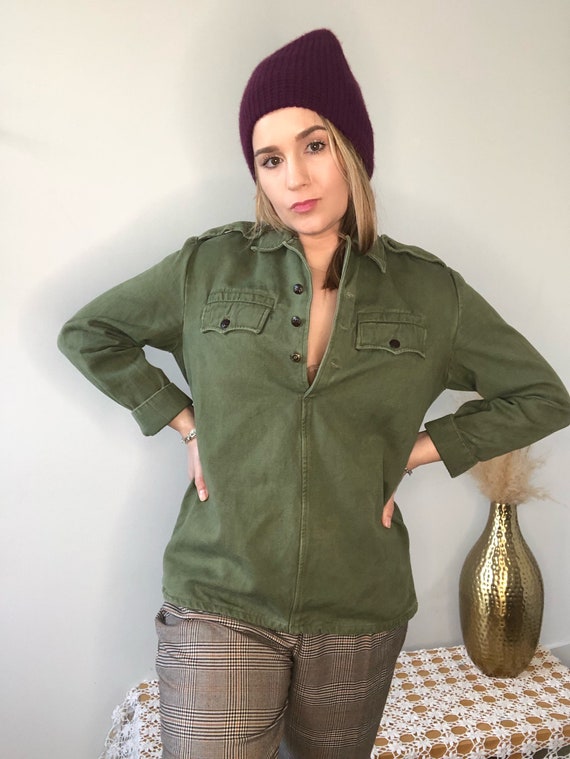 Vintage 60s 70s Army Green Top // Jacket Pullover… - image 1