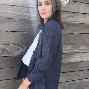 Navy Blue Dark Blue Shirt // Denim Like // Striped Shirt Blouse // Wrinkle Resistant // Minimalist // Classic Basic