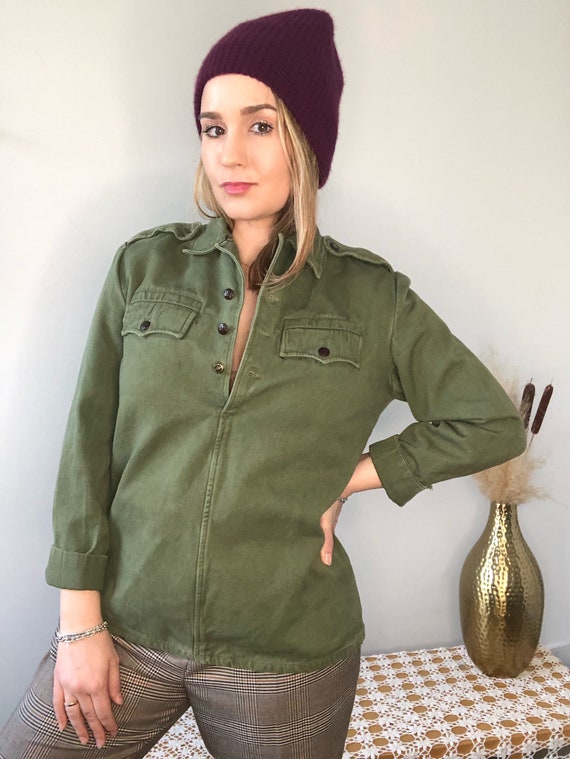 Vintage 60s 70s Army Green Top // Jacket Pullover… - image 2