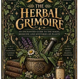 May include: A book titled The Herbal Grimoire with a dark green cover featuring gold text, a mortar and pestle with herbs, a small glass bottle labeled Heal Protect Nourish Create Belong, stacked books labeled Plants People Planet, and crystals.