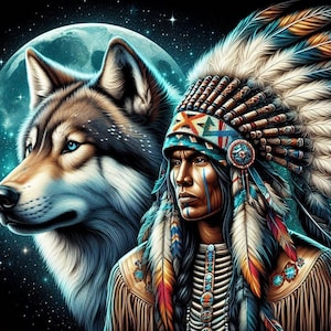 May include: A Native American man wearing a traditional headdress with feathers and beads, looking to the side. A wolf with blue eyes is in the background, with a moon behind it.