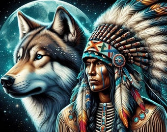 American Indian Man and Wolf Cross Stitch Pattern, PDF Instant Download, Full Coverage, Spiritual America Wildlife Counted X Stitch Pattern