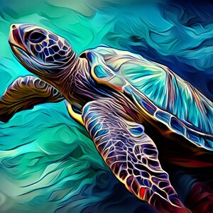 May include: A colorful, abstract painting of a sea turtle swimming in turquoise water. The turtle's shell is a vibrant blue and green, with intricate details in shades of purple and yellow.