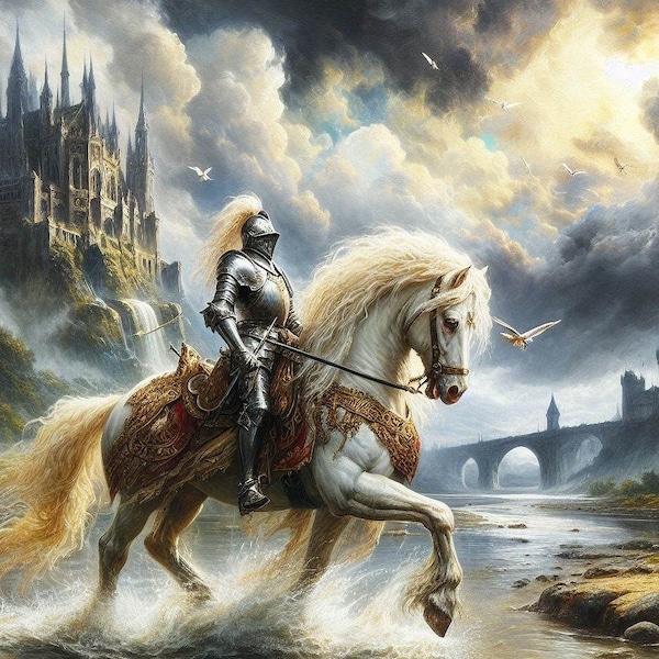 Knight Riding a White Horse Cross Stitch Pattern, PDF Instant Download, Full Coverage, Mediaeval Fantasy Armour Castle Waterfall X Stitch