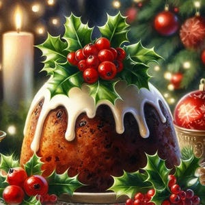May include: A festive Christmas pudding with white icing and holly berries. The pudding is surrounded by holly leaves and red berries, with lit candles and a decorated Christmas tree in the background. A holiday theme.