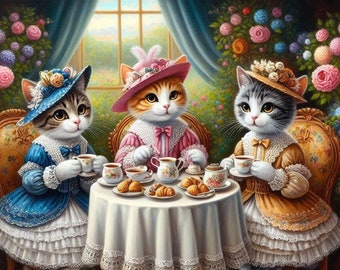 May include: Three cats wearing hats and dresses are sitting at a table with teacups and pastries. The table has a white tablecloth with lace trim. The cats are surrounded by flowers.