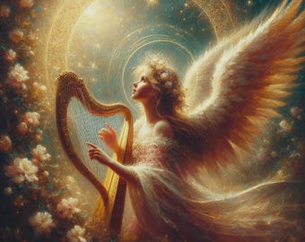 Angel Playing the Harp Cross Stitch Pattern, PDF Instant Download, Full Coverage, Heavenly Angelic Music Flowers Religious Counted X Stitch