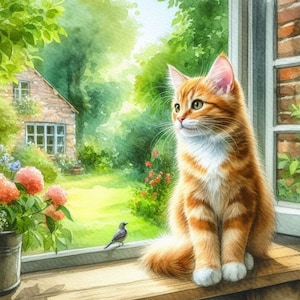Puede incluir: Un gato jengibre con marcas blancas se sienta junto a una ventana mirando hacia una pequeña cabaña y un césped verde. El gato tiene sus patas en el alféizar de la ventana y su cola está enroscada alrededor de su cuerpo. Un pequeño pájaro está posado en una rama fuera de la ventana.