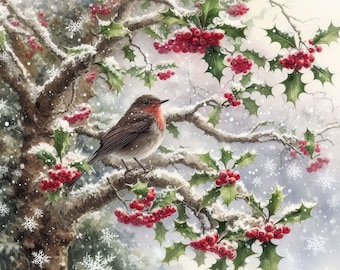 Robin in a Holly Tree Cross Stitch Pattern, PDF Instant Download, PDF Instant Download, Christmas Winter Seasonal X Stitch, Full Coverage