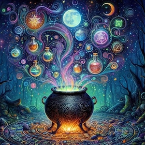 May include: A dark blue cauldron with intricate designs sits on a circular, patterned surface.  Purple, blue, and green swirling smoke rises from the cauldron, surrounded by a magical forest scene with stars and glowing orbs.