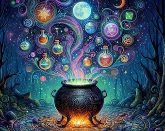 Magic Cauldron Cross Stitch Pattern, PDF Instant Download, Full Coverage, Spell Magical Counted X Stitch Pattern, Hand Embroidery Pattern