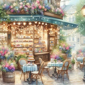 Cafe cross stitch pattern, PDF instant download, full coverage, Parisian bakery counted X stitch pattern