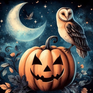 Owl and Pumpkin Cross Stitch Pattern, PDF Instant Download, Moon Night Halloween X Stitch, Full Coverage, Counted Cross Stitch Pattern
