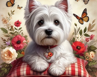 West Highland Terrier Dog Cross Stitch Pattern, PDF Instant Download, Full Coverage, Butterflies, Flowers Counted X Stitch Pattern